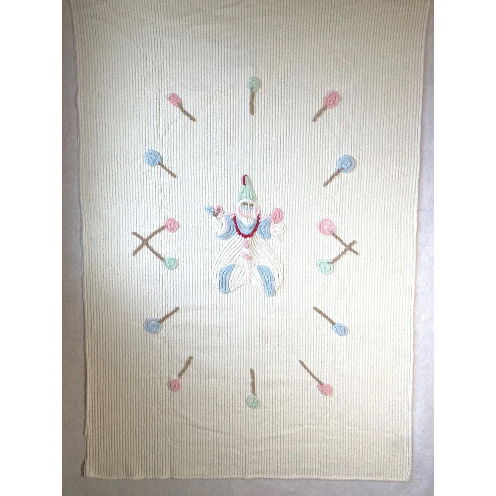 Vintage White Chenille Baby Blanket Clown Lollipop Pastel Tufted Ribbed 40x58